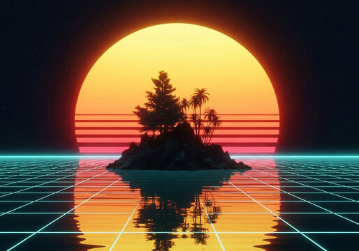 Retro synthwave landscape featuring a neon grid reflecting on the water, a silhouetted island with palm trees under a vibrant sunset