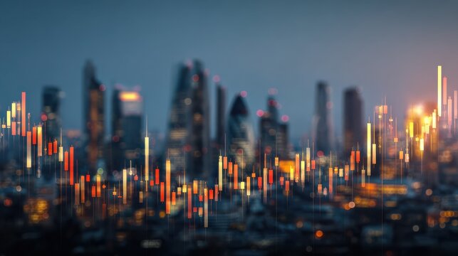 worldwide stock market concept with glowing financial chart graphs on business background with skyscrapers double exposure no logos no brands ar 169