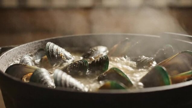 Mussels steam open with broth