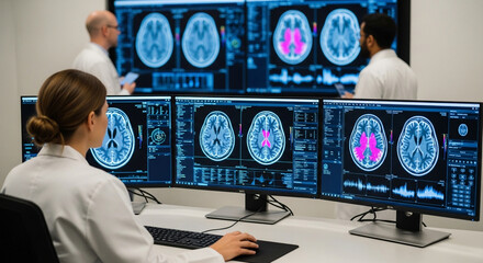 Medical professionals analyzing brain scans on computer monitors in a modern hospital setting, showcasing advanced diagnostic technology and healthcare research