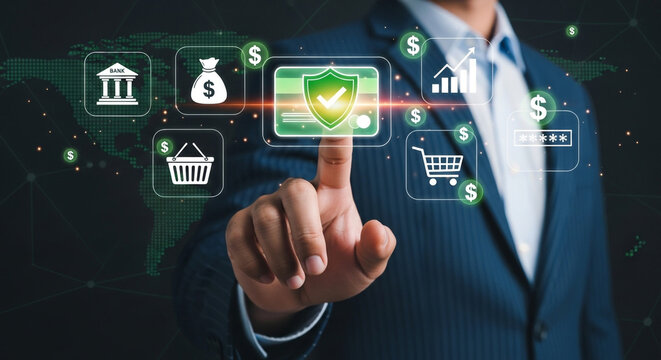 Businessman touching a virtual screen displaying secure online payment and financial transaction icons with a global network background