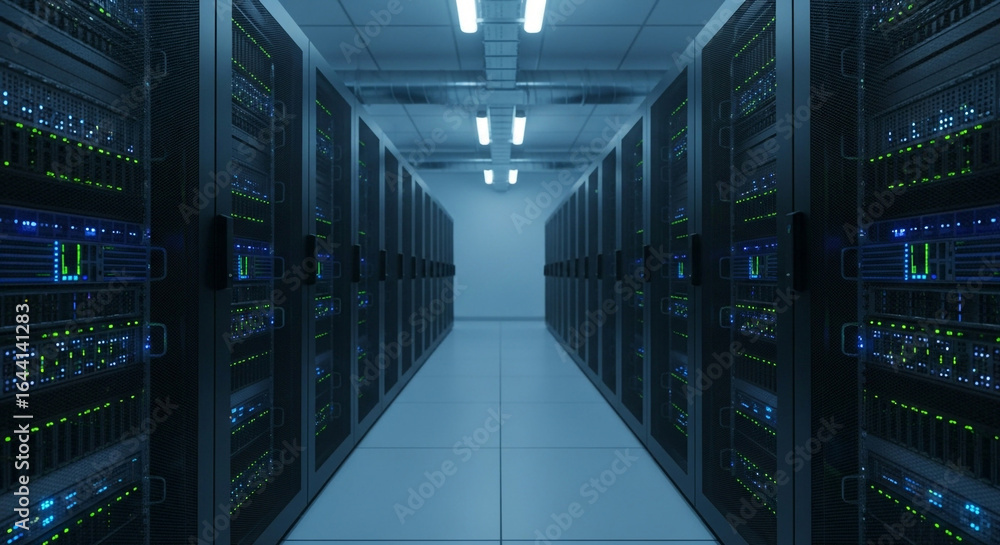 Aufkleber a long, dimly lit corridor in a modern data center, lined with rows of glowing server racks and comp