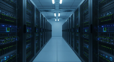 A long, dimly lit corridor in a modern data center, lined with rows of glowing server racks and computer equipment