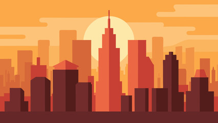 business district skyline bathed in warm early morning