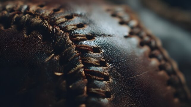 Close-up view of aged leather baseball stitching.