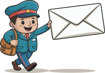 Cartoon mail carrier in blue uniform holding large envelope, smiling, walking with satchel, vector illustration, isolated on white background