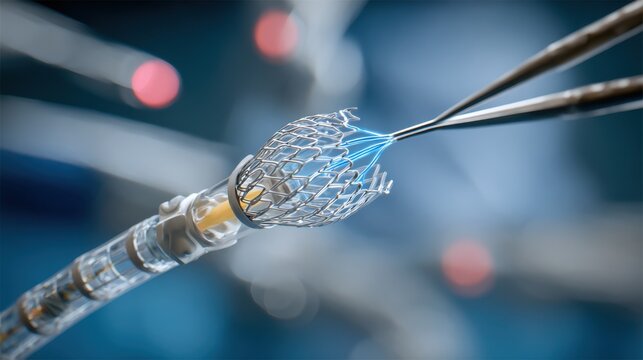 Focused medium framing of a nextgeneration TAVI selfexpanding stent frame deploying through a catheter with the surrounding anatomy and instruments softly obscured.