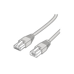 "Vector Ethernet Cable Icon – Stylized Illustration of RJ45 Connectors at Both Ends of a Black Cable – Flat Design Representing Wired Internet Connection, Networking Hardware, Data Transmission, and D
