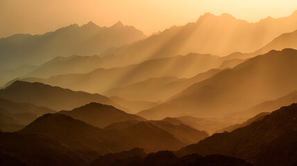 Majestic mountain range bathed in golden sunlight and atmospheric haze mountains landscape
