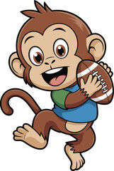 Cartoon monkey, holding football, blue shirt, green sleeves, cheerful face, wide eyes, open mouth, jumping pose, curved tail, playful sports