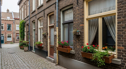 Charming European Street Scene with Brick Buildings and Flower Boxes