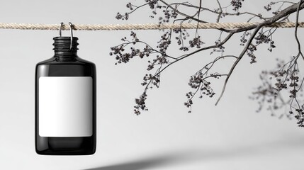 Obraz premium Black bottle with label hanging from rope with dried plant.