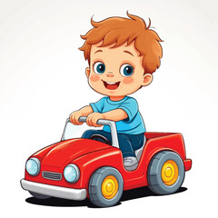Joyful Cartoon Boy Driving a Red Toy Car - Illustration for Children's Books, Educational Material, and Creative Projects