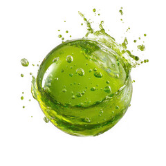 A vibrant green liquid splashing around a transparent sphere isolated on transparent background