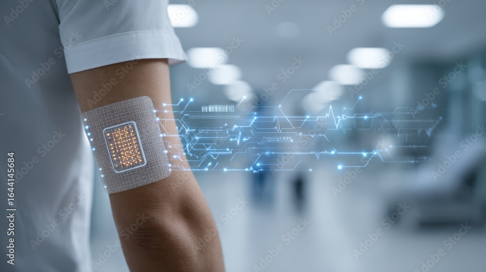 Poster focused view of a smart biosensor patch applied to upper arm skin with blurred hospital setting in b