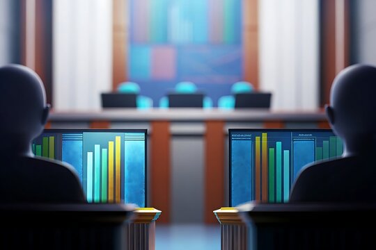 Two silhouetted figures in a modern boardroom looking at financial data on laptops