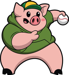 Cartoon pig character, green hoodie, yellow-green cap, baseball in hand, pitching pose, cheerful face, sporty animal, vector illustration, playful style