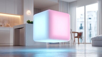 Floating cube with vibrant light display in a modern interior.