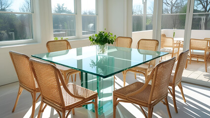 Obraz premium Bright dining room with glass table and rattan chairs for airy home style 