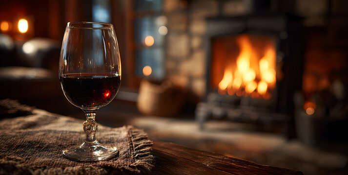 Copa de vino tino con fuego de chimenea de fondo.