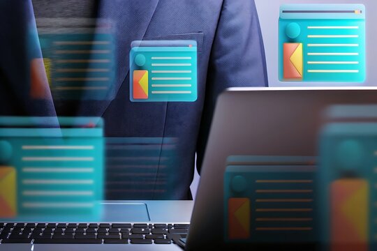 Man in suit using futuristic holographic interface with glowing data displays and charts - Powered by Adobe