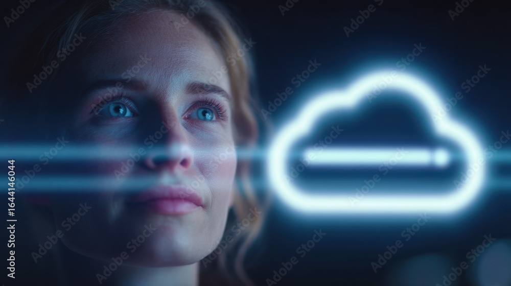 Poster focused medium shot of a futuristic progress bar loading legacy pacs data to the cloud with the user