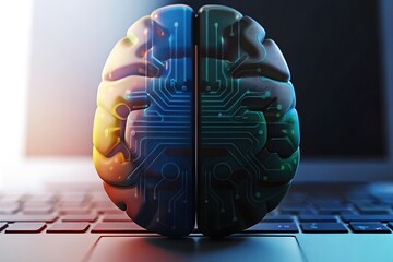 Futuristic digital brain with circuitry overlay on a laptop keyboard