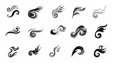 Swirling charcoal brush stroke wind symbols black