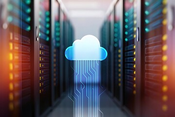 Glowing blue cloud symbol with data streams descending in a server room with glowing lights