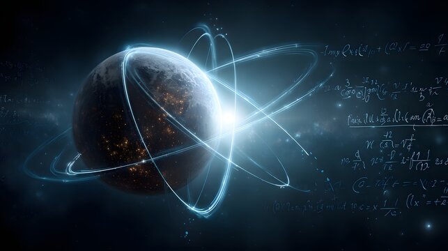 An image of a planet with glowing rings, surrounded by complex mathematical equations.