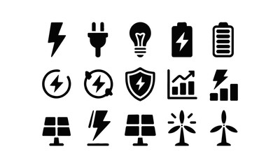 Collection of black silhouette energy and electricity-related icons in a minimal flat vector style, lightning bolts, electrical plugs, light bulb, battery icon, shield with lightning, easily editable.