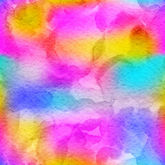 Bright multicolor seamless watercolor texture with rainbow-like stains, playful abstract pattern for modern fabric, wrapping, and decor.