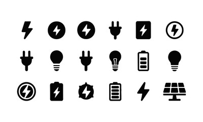 Collection of black silhouette energy and electricity-related icons in a minimal flat vector style, lightning bolts, electrical plugs, light bulb, battery icon, shield with lightning, easily editable.