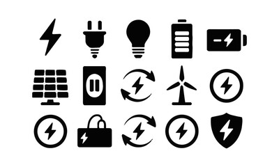 Collection of black silhouette energy and electricity-related icons in a minimal flat vector style, lightning bolts, electrical plugs, light bulb, battery icon, shield with lightning, easily editable.