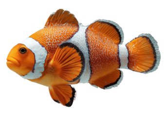 Close up of a colorful clownfish swimming in the sea isolated on transparent background