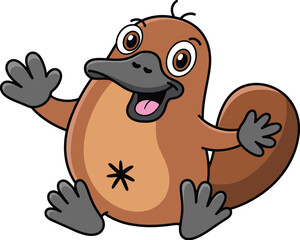 Cartoon platypus character, brown body, duck bill, beaver tail, waving hands, happy expression, cute animal, vector illustration