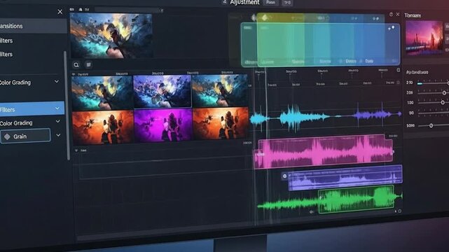 Artistic composition of a video editing application interface, showing multiple colorful sequences, audio waveforms, adjustment layers, and effects panels