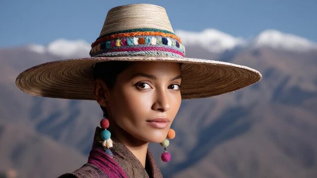 Indigenous model posing with traditional andean hat