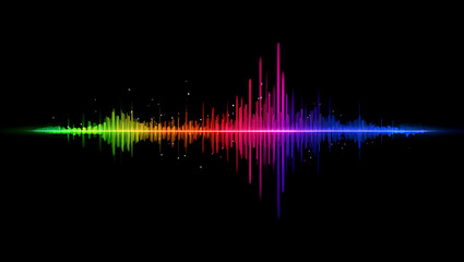 Vibrant Audio Spectrum Visualizer with Rainbow Colors on Black Background for Music and Technology Enthusiasts and Modern Design Projects