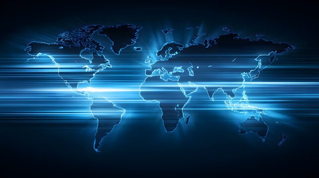 Global world map with luminous streaks.
