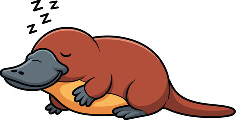 Cartoon platypus character, sleeping pose, brown body, gray bill, webbed feet, closed eyes, ZZZ symbols, cute animal, vector illustration