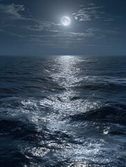 silvery moonlight across sea expanse ocean water surface with reflection night casting blue toward horizon line