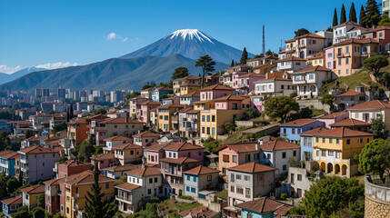 Colorful hillside homes in Rimac District with Cerro San Cristobal in the background, Lima, Peru