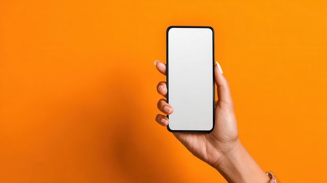 close up of woman hand using smartphone isolated on orange wall female hands showing empty white screen of modern smart phone businesswoman holding cellphone and unlocks it with her fingerprint no lo