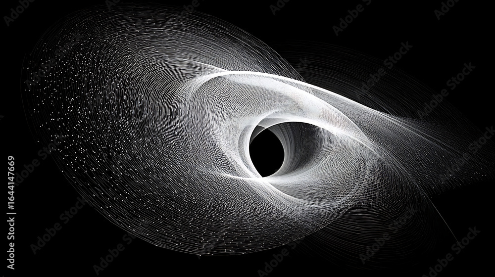 Poster swirling white lines and dots forming a vortex on a black background abstract