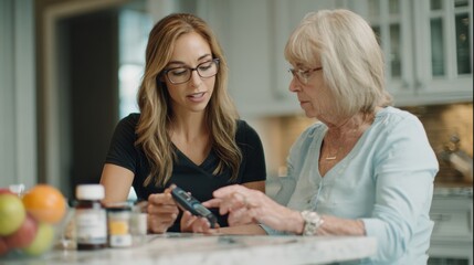 Focused medium shot capturing a dietitian analyzing blood sugar data with a patient discussing nutritional steps to reverse GLP1 medication rebound.