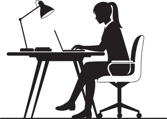 Female professional silhouette working diligently at her desk using a laptop, ideal for depicting office work, productivity, remote jobs, and corporate environments