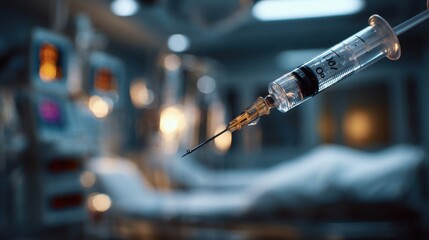 Close medium shot of a BiTE syringe poised for administration next to hospital bedside needle and barrel crystal clear with softly blurred IV stands and vital signs in background.
