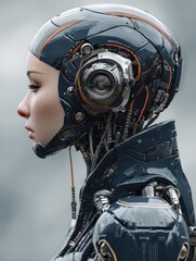 hyper realistic portrait of a futuristic female cyborg with advanced artificial intelligence and sleek robotic design