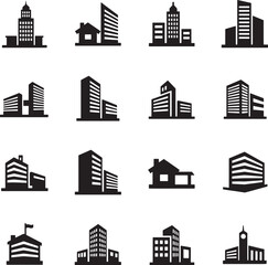 Fototapeta premium A diverse set of black and white building icons, representing modern cityscapes, corporate offices, residential homes, and commercial architecture